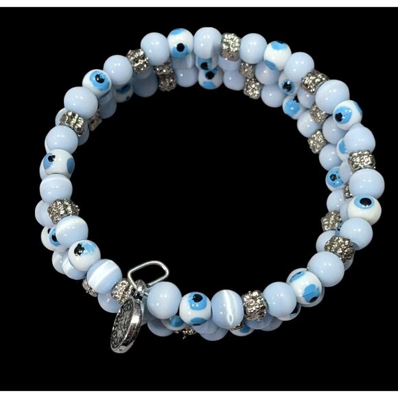 Bohemian Evil Eye Light Blue Glass And Silver Tone Beaded Coil Bracelet - Picture 2 of 6